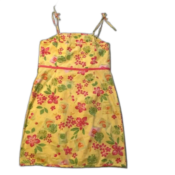 Tahiti Reef Club Floral Knee length Faux Wrap Dress Sundress Yellow Pink Sz L - Picture 5 of 7